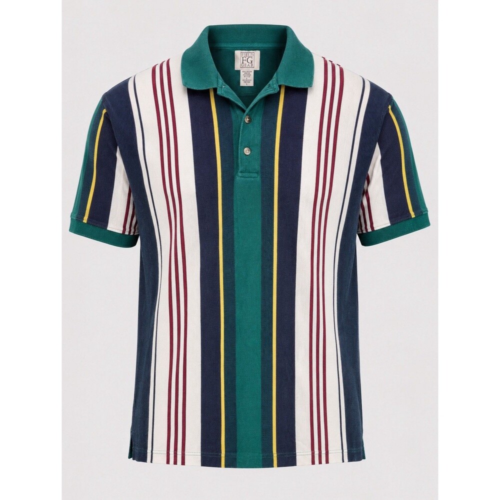 Vintage Field Gear Polo Shirt Multicolor Vertical Stripe Short Sleeve Large